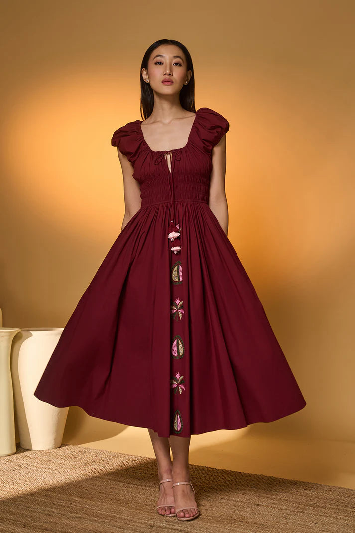 Maroon Smocked Midi Dress