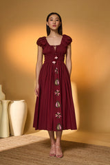 Maroon Smocked Midi Dress