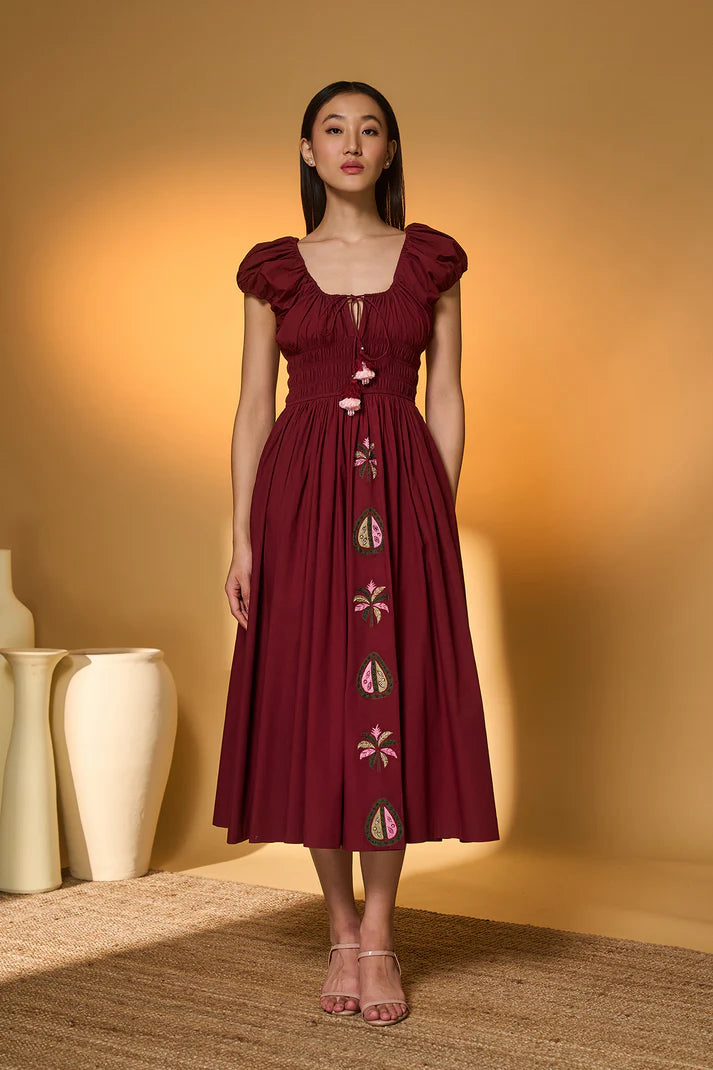 Maroon Smocked Midi Dress