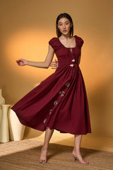 Maroon Smocked Midi Dress