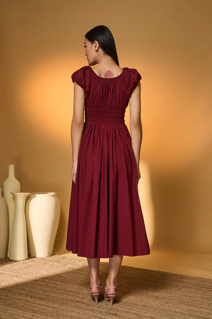 Maroon Smocked Midi Dress
