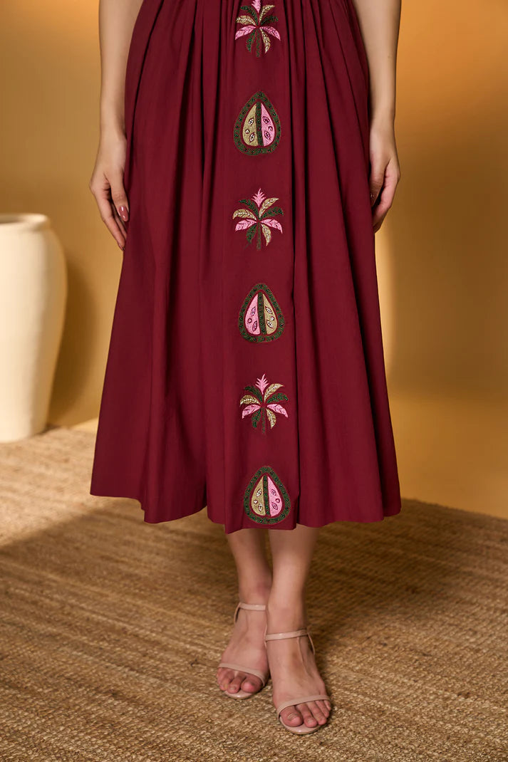 Maroon Smocked Midi Dress
