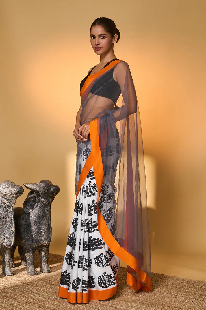 Black And White Palm Saree