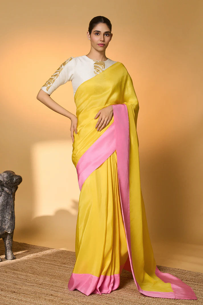 Yellow & Pink Blocked Saree