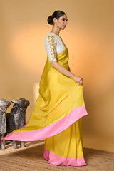 Yellow & Pink Blocked Saree
