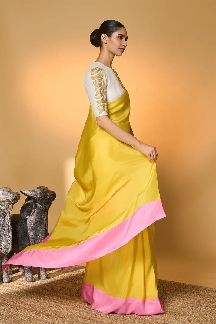 Yellow & Pink Blocked Saree