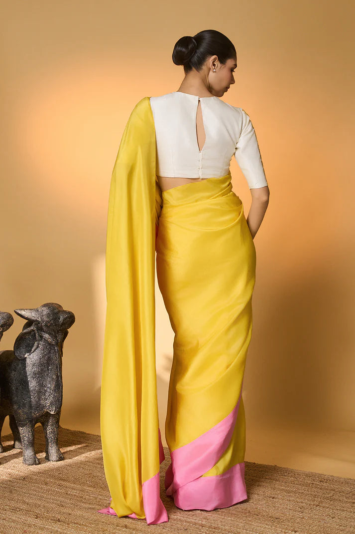 Yellow & Pink Blocked Saree