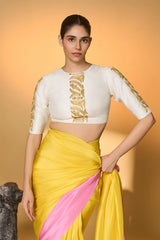 Yellow & Pink Blocked Saree