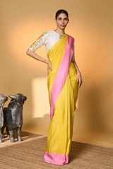 Yellow & Pink Blocked Saree
