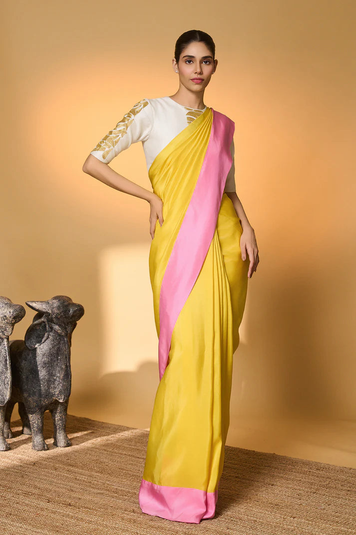 Yellow & Pink Blocked Saree