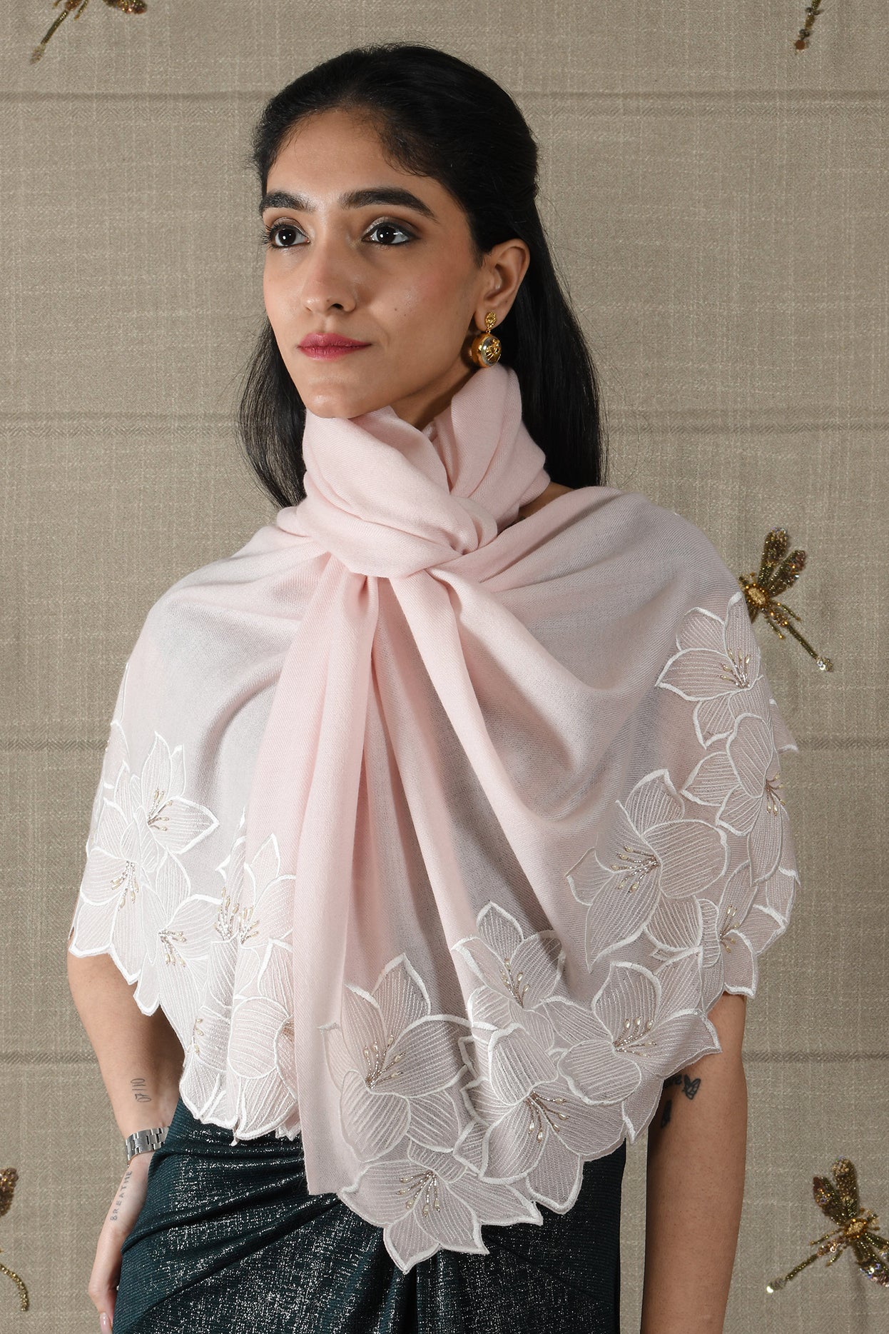 Midnight Bloom | Embroidered Wool Silk Stole