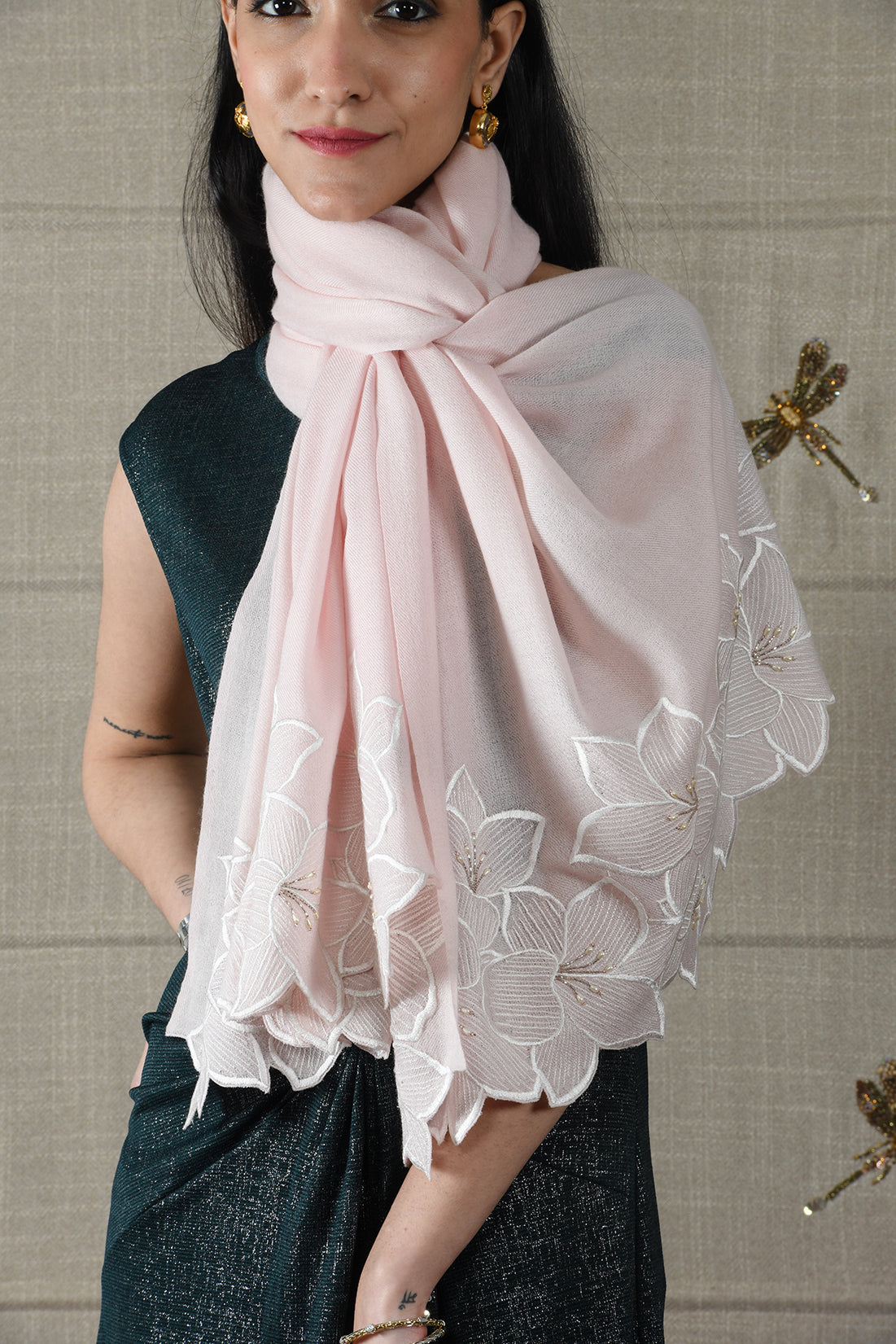 Midnight Bloom | Embroidered Wool Silk Stole