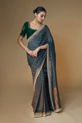 Emerald green & blue Benarasi saree with embroidered blouse