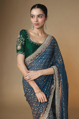 Emerald green & blue Benarasi saree with embroidered blouse