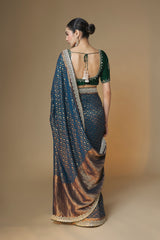 Emerald green & blue Benarasi saree with embroidered blouse
