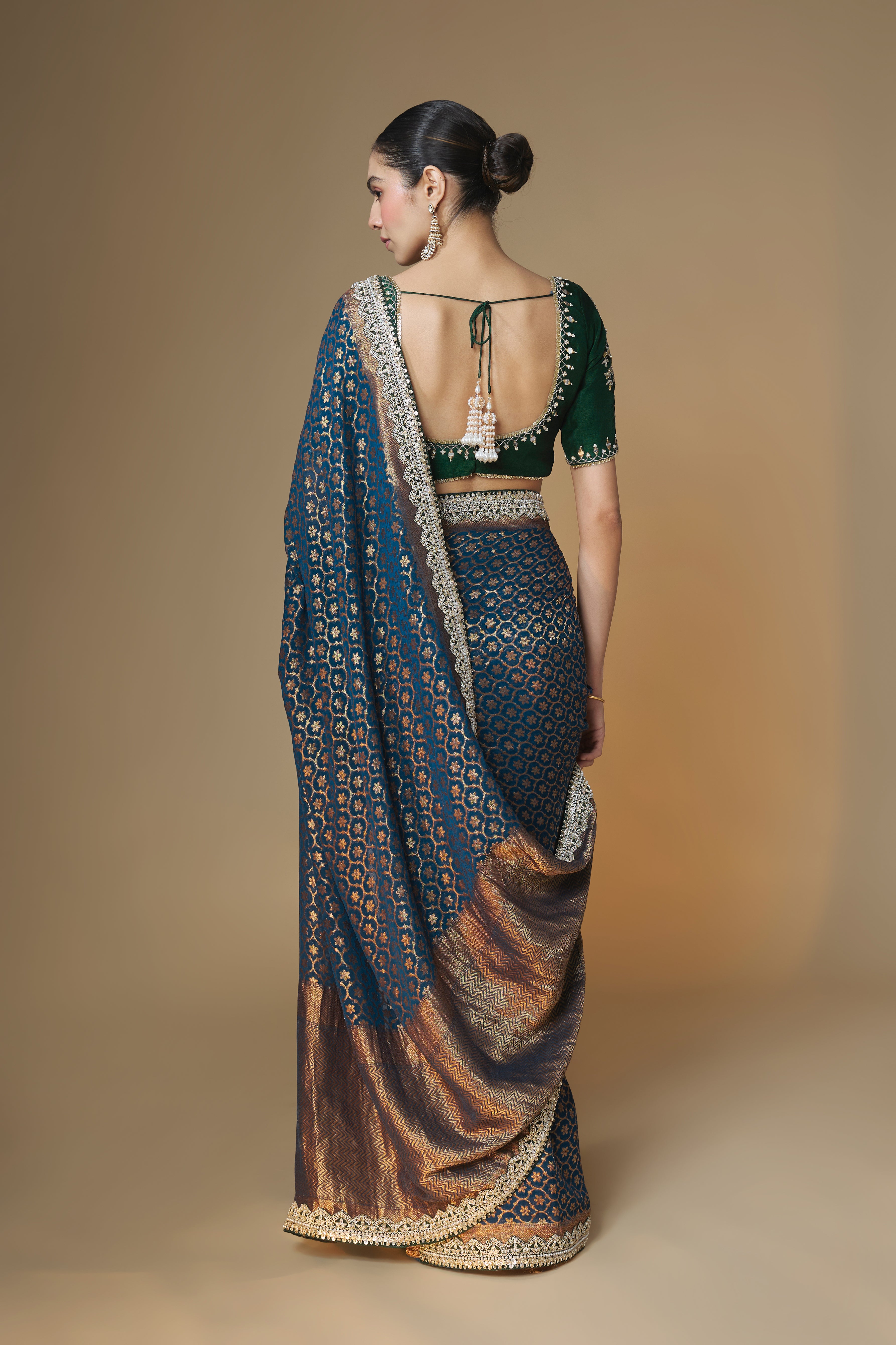 Emerald green & blue Benarasi saree with embroidered blouse