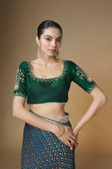 Emerald green & blue Benarasi saree with embroidered blouse