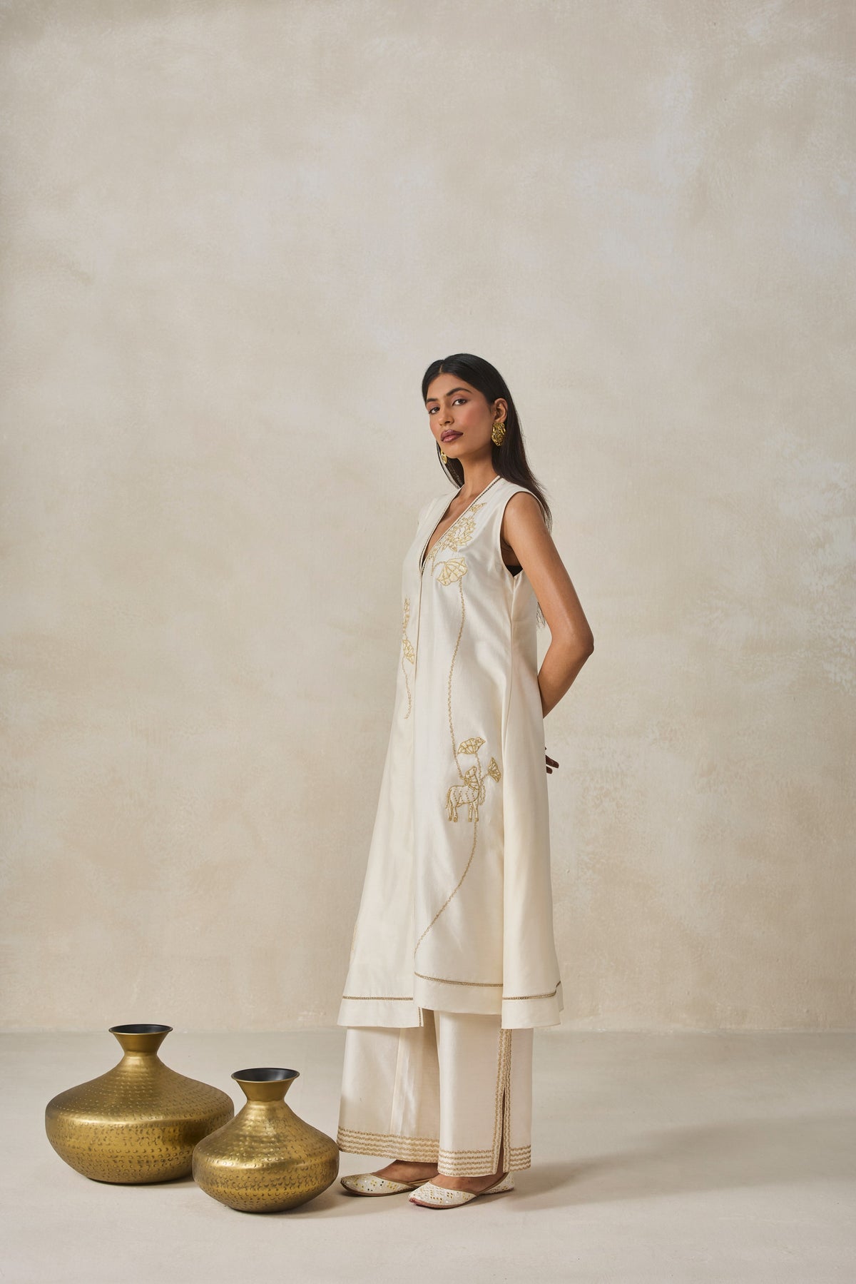 Chanderi Applique Work Kurta With Pant Set