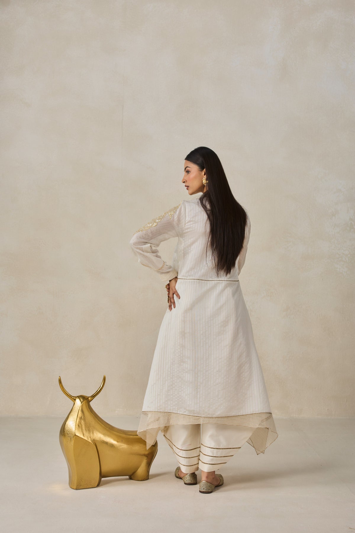 Chanderi Front Open Assymetrical Kurta With Pant