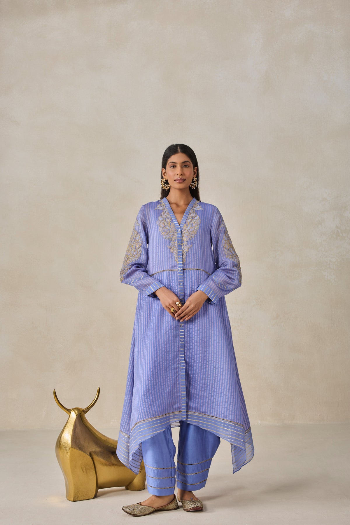 Chanderi Front Open Assymetrical Kurta With Pant