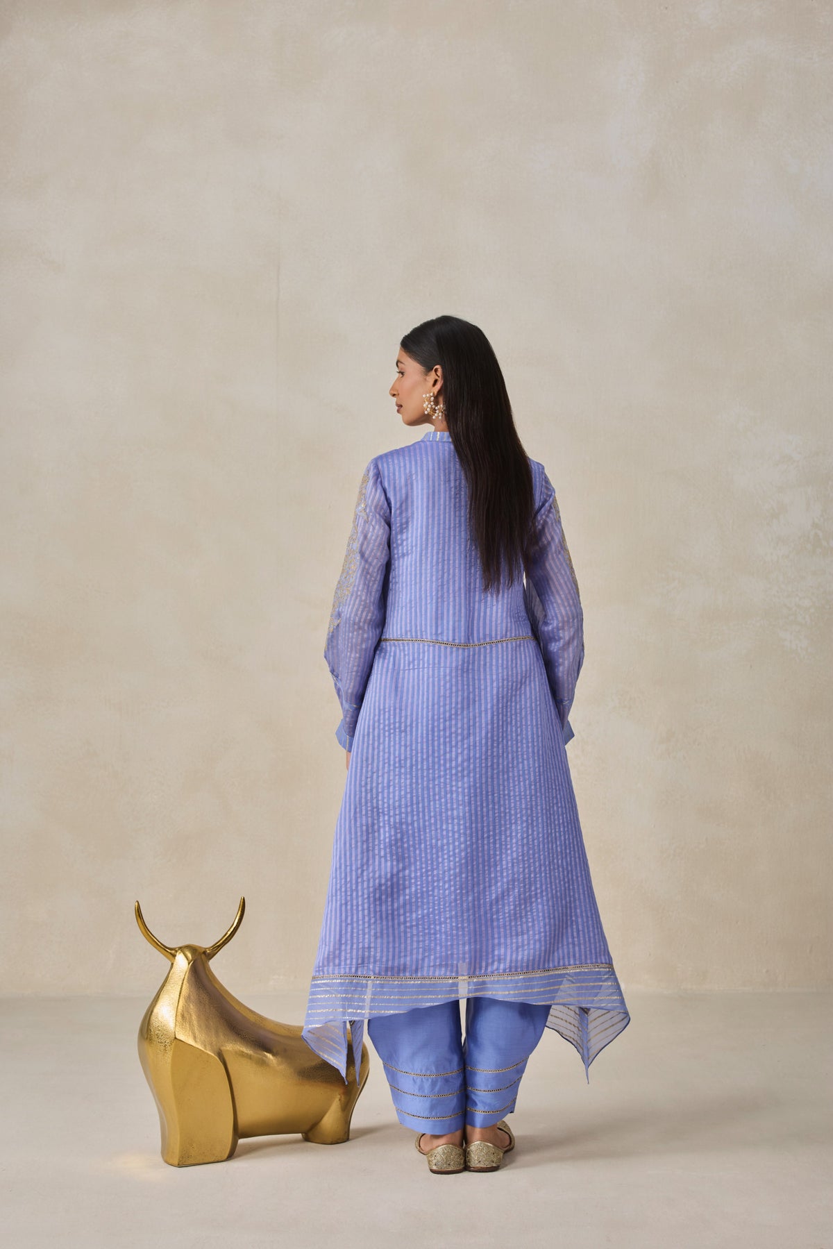 Chanderi Front Open Assymetrical Kurta With Pant