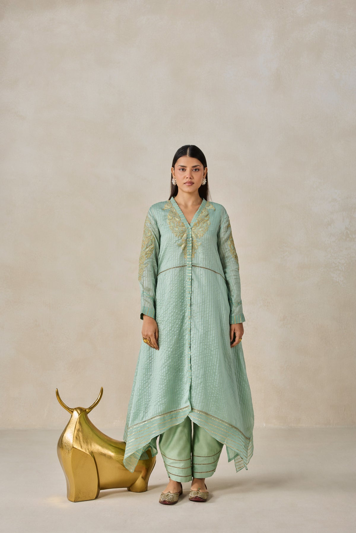 Chanderi Front Open Assymetrical Kurta With Pant