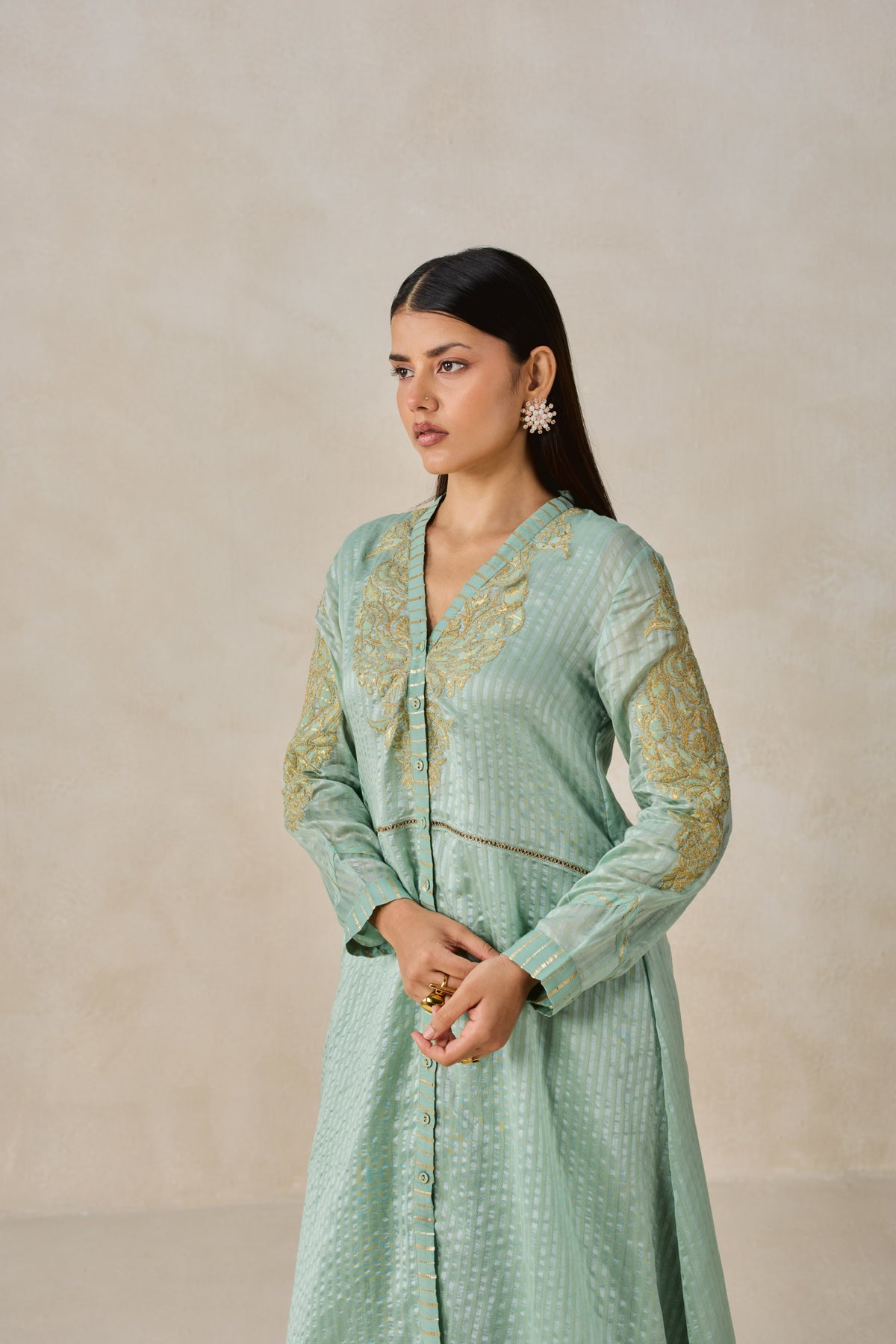 Chanderi Front Open Assymetrical Kurta With Pant