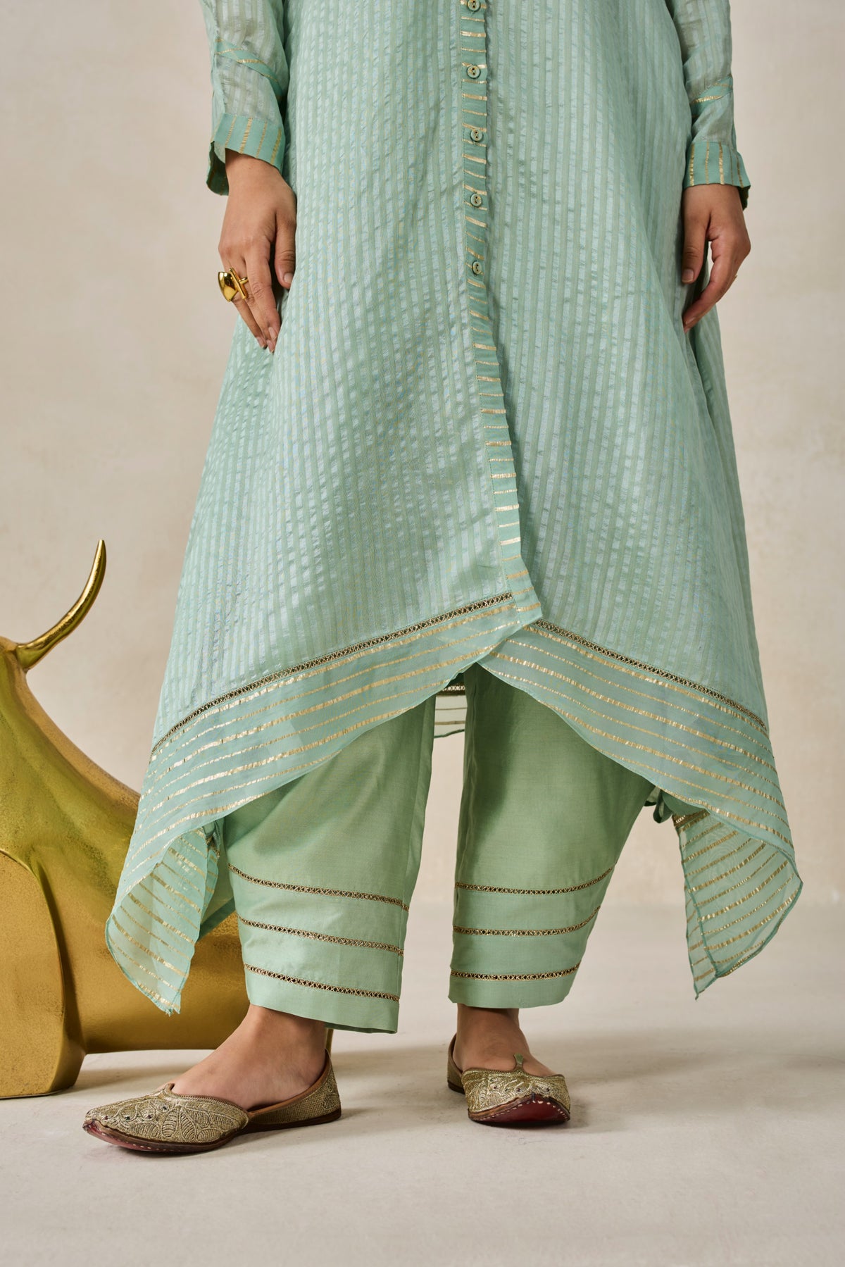 Chanderi Front Open Assymetrical Kurta With Pant