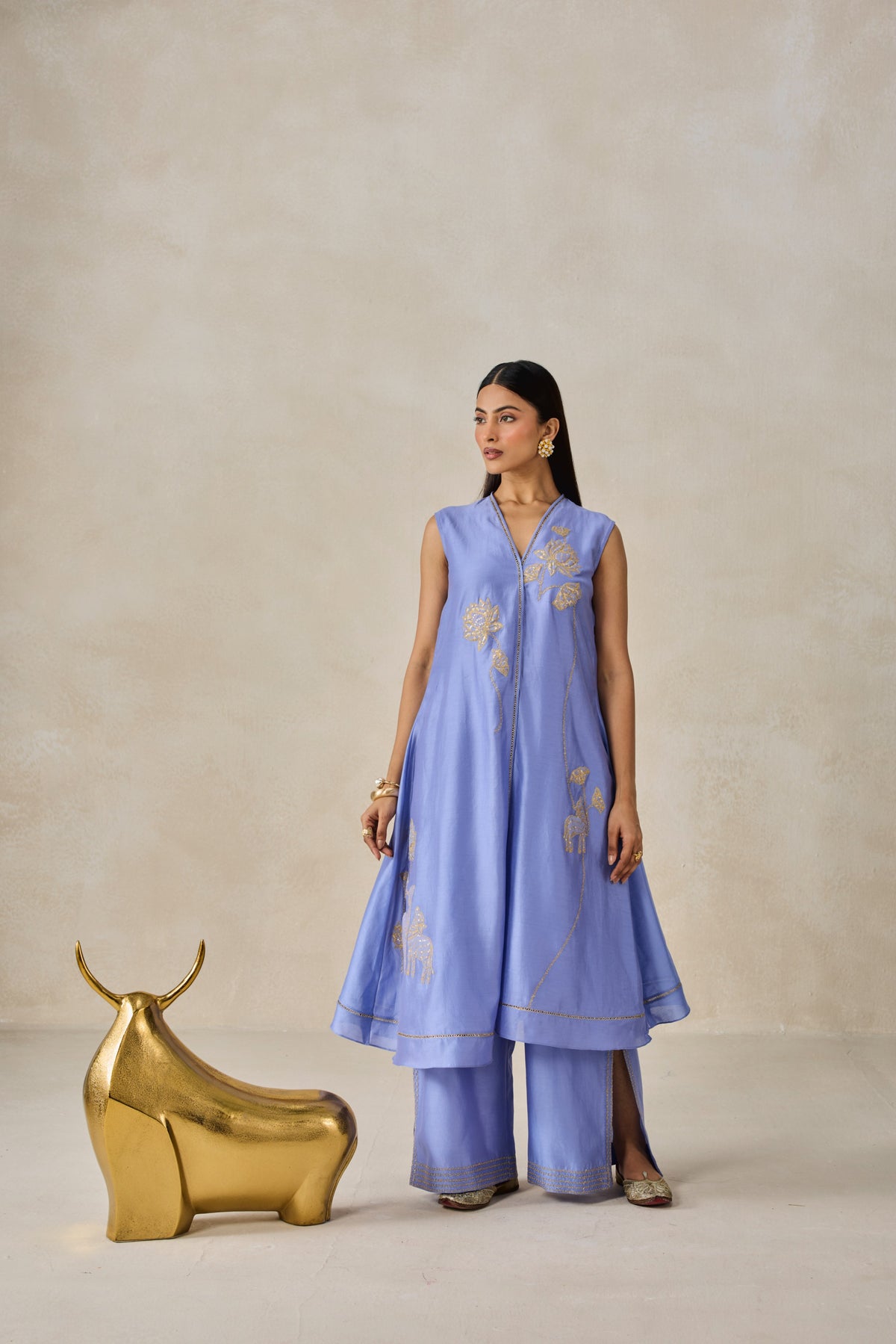 Chanderi Applique Work Kurta With Pant Set