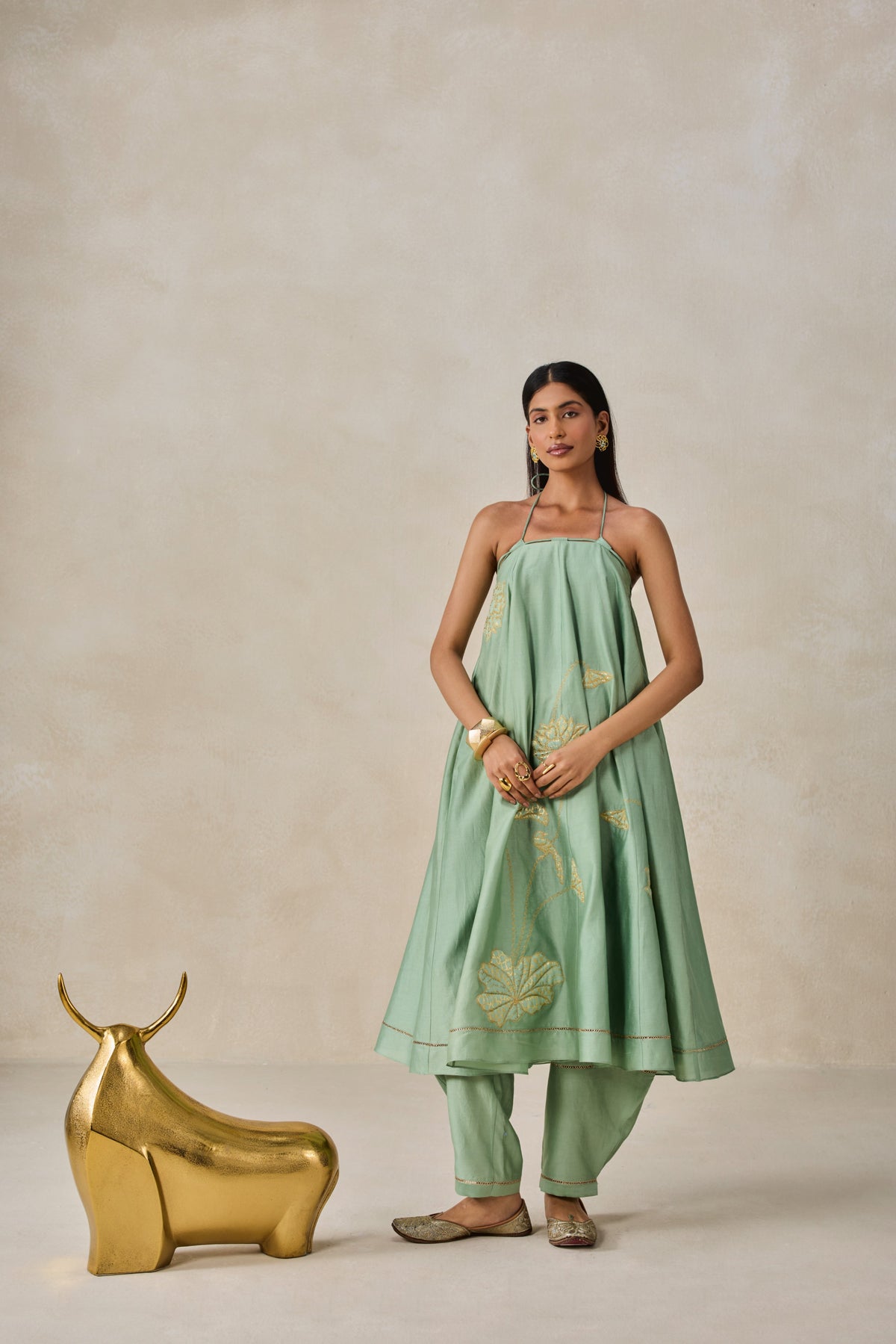 Chanderi Offshoulder Kurta With Pant Set