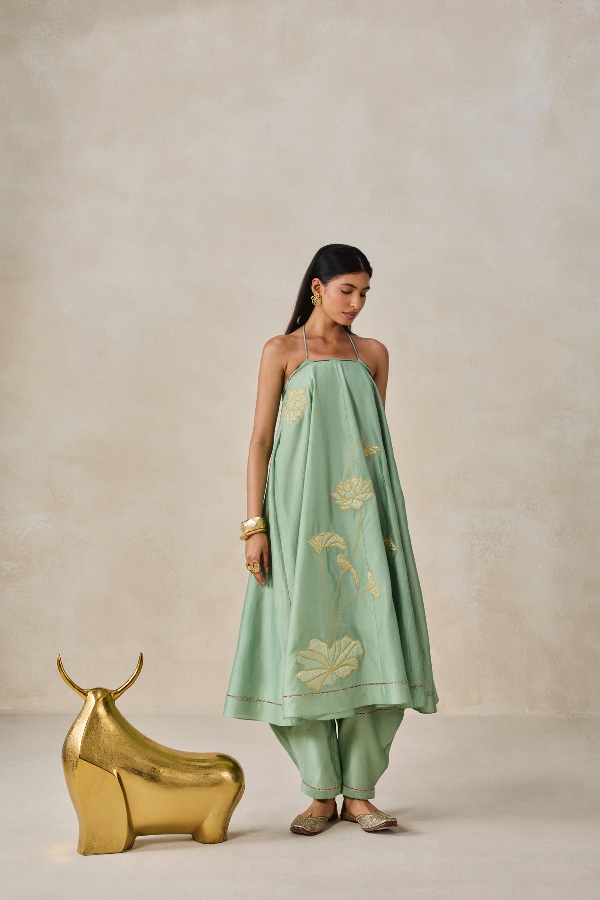 Chanderi Offshoulder Kurta With Pant Set