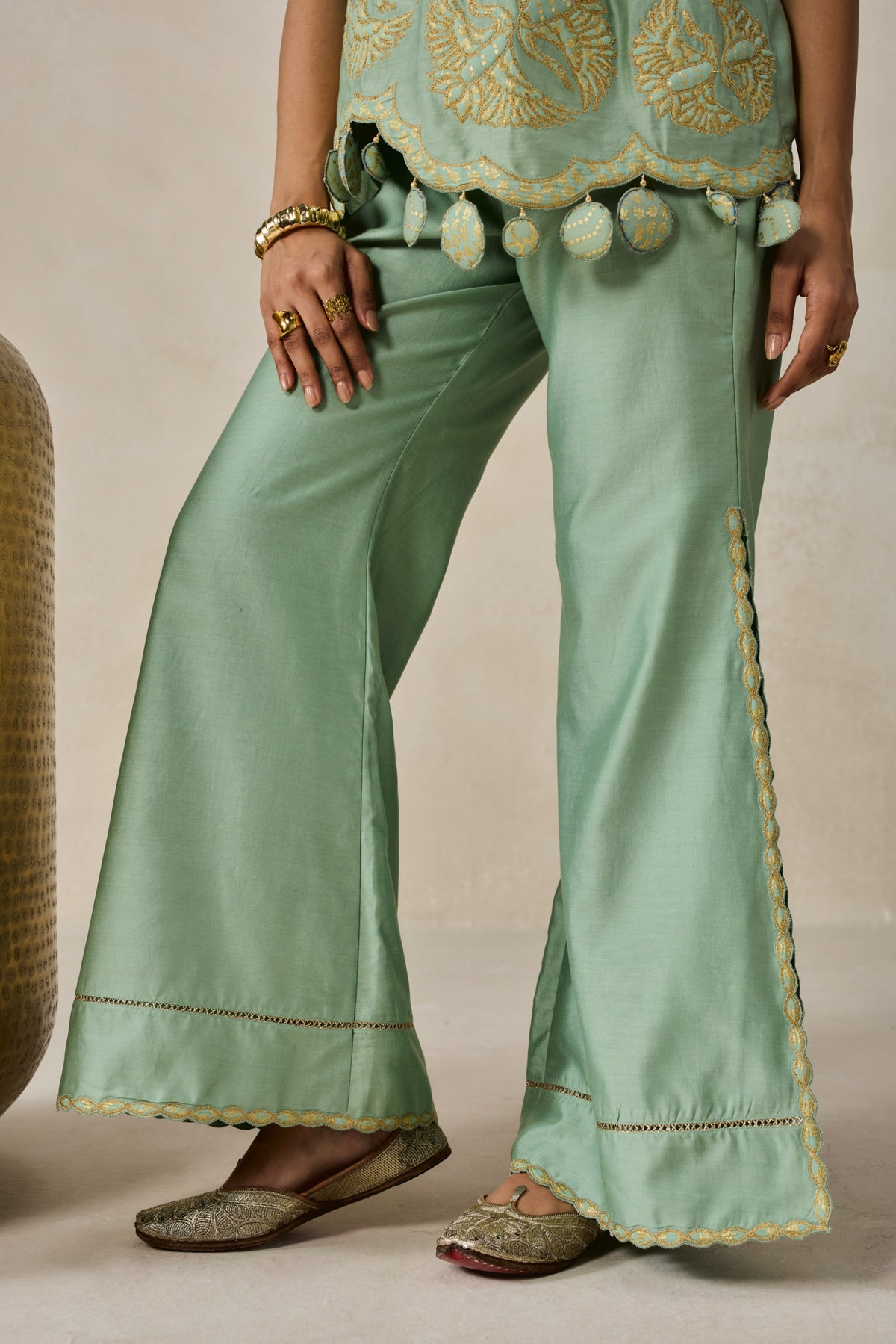 Chanderi Applique Embroidery Strappy Short Top And Palazo Set
