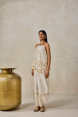 Chanderi Applique Embroidery Strappy Short Top And Palazo Set
