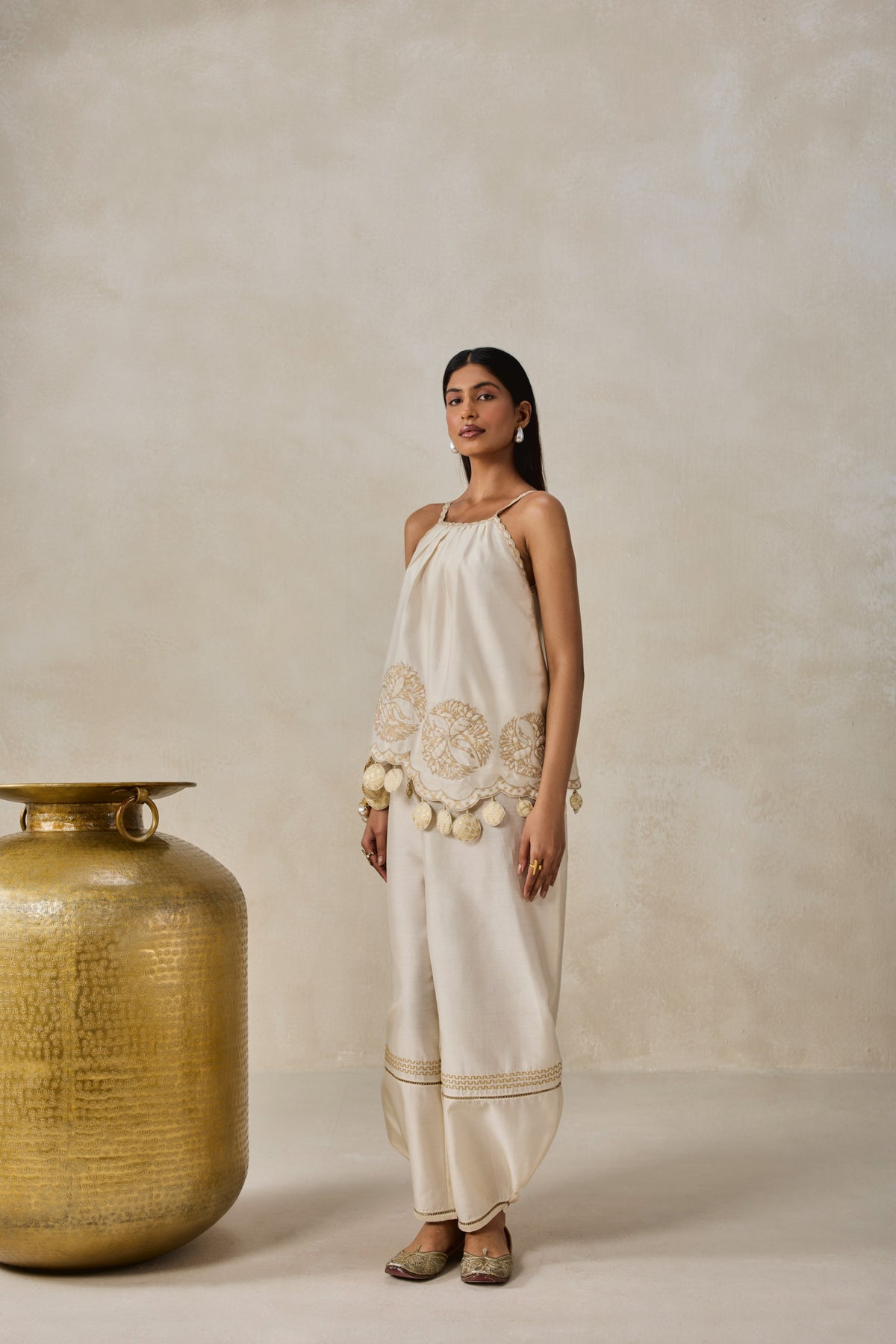 Chanderi Applique Embroidery Strappy Short Top And Palazo Set