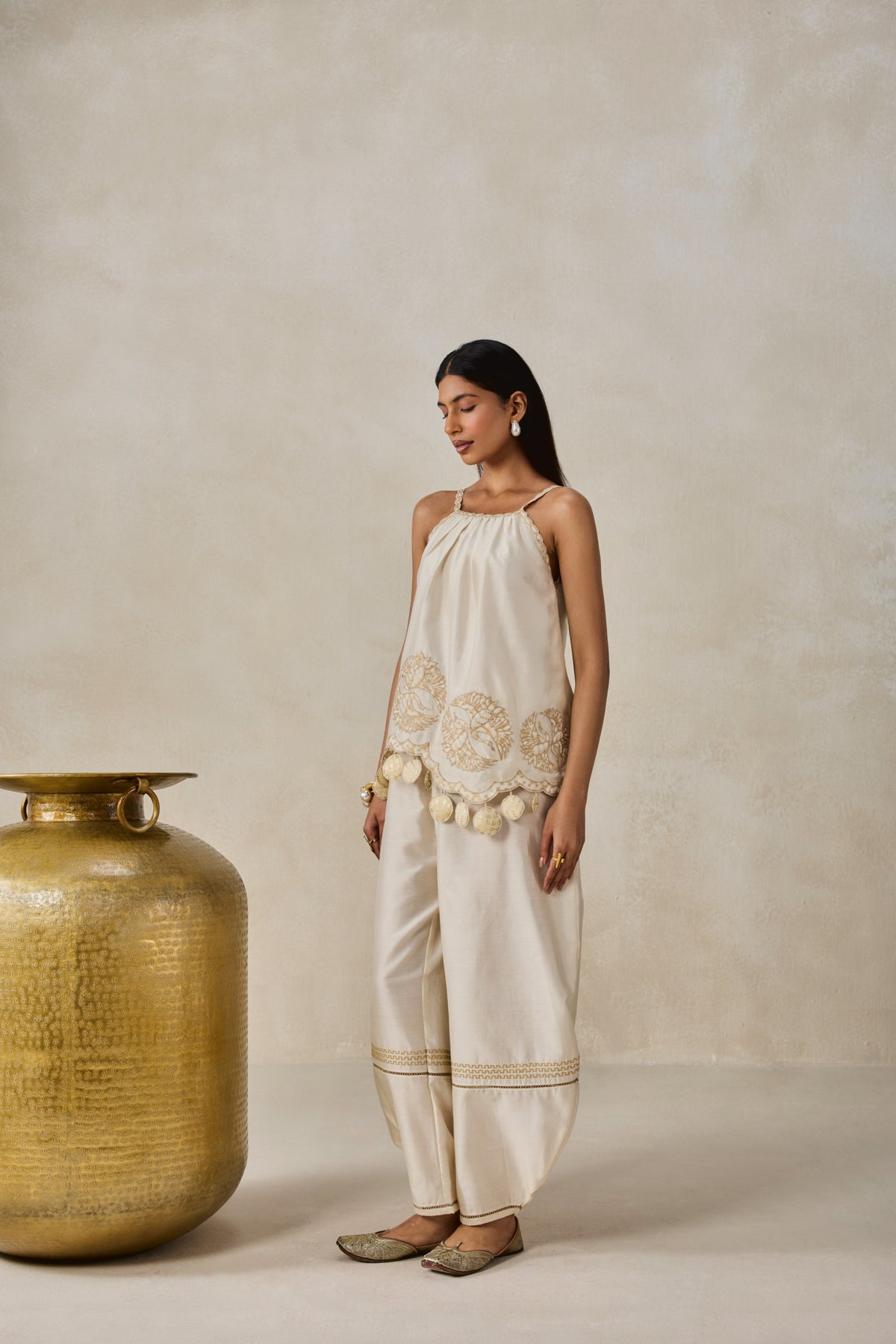 Chanderi Applique Embroidery Strappy Short Top And Palazo Set