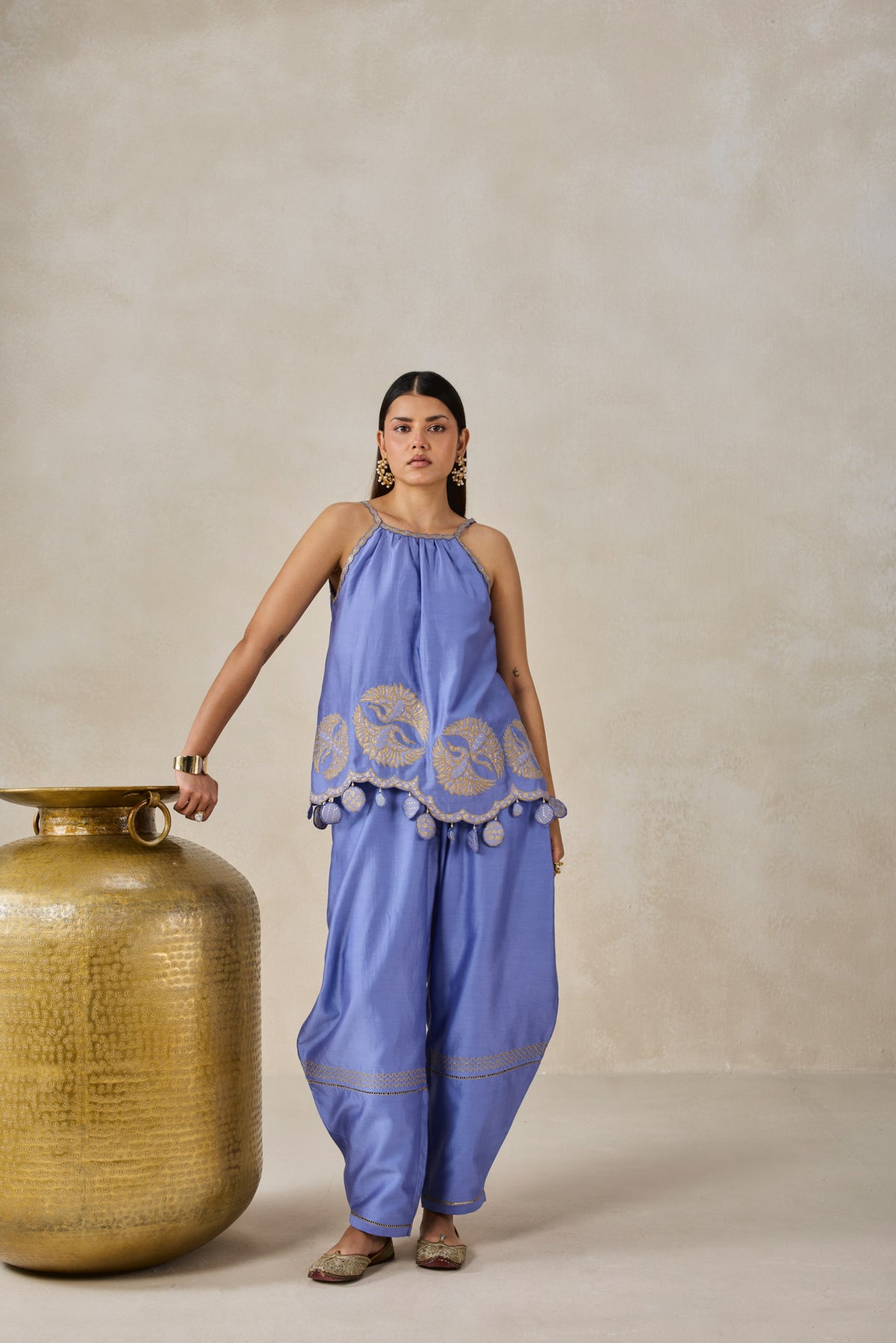 Chanderi Applique Embroidery Strappy Short Top And Palazo Set