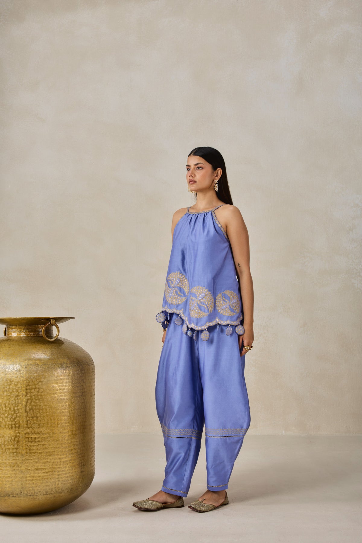 Chanderi Applique Embroidery Strappy Short Top And Palazo Set
