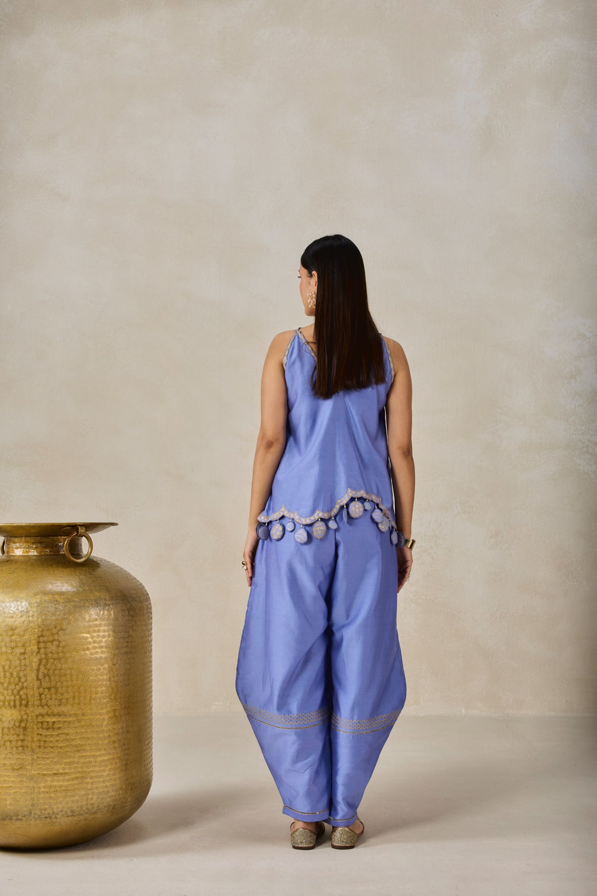 Chanderi Applique Embroidery Strappy Short Top And Palazo Set