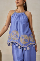 Chanderi Applique Embroidery Strappy Short Top And Palazo Set