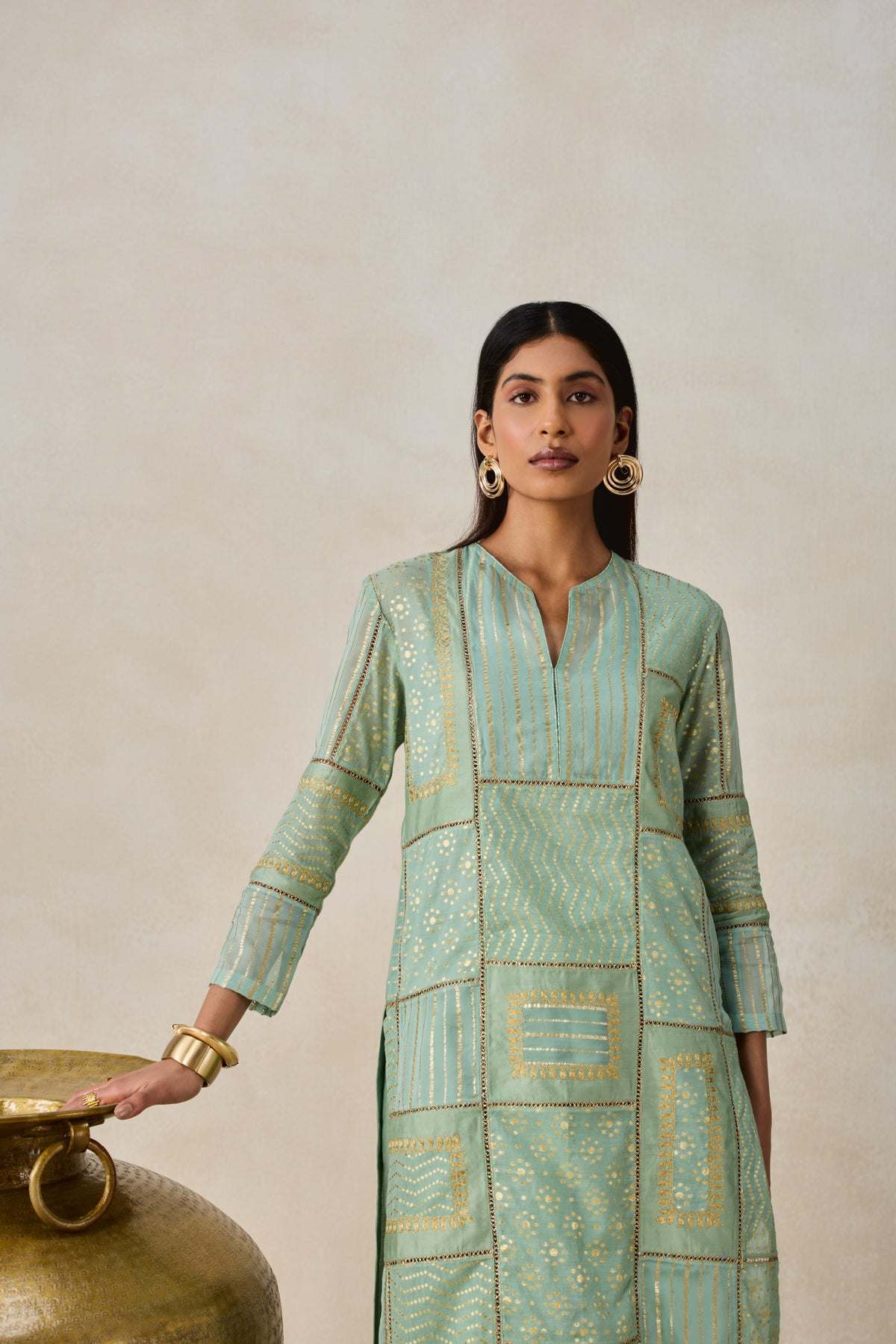 Gold Chanderi Patch Work Kurta & Salwar