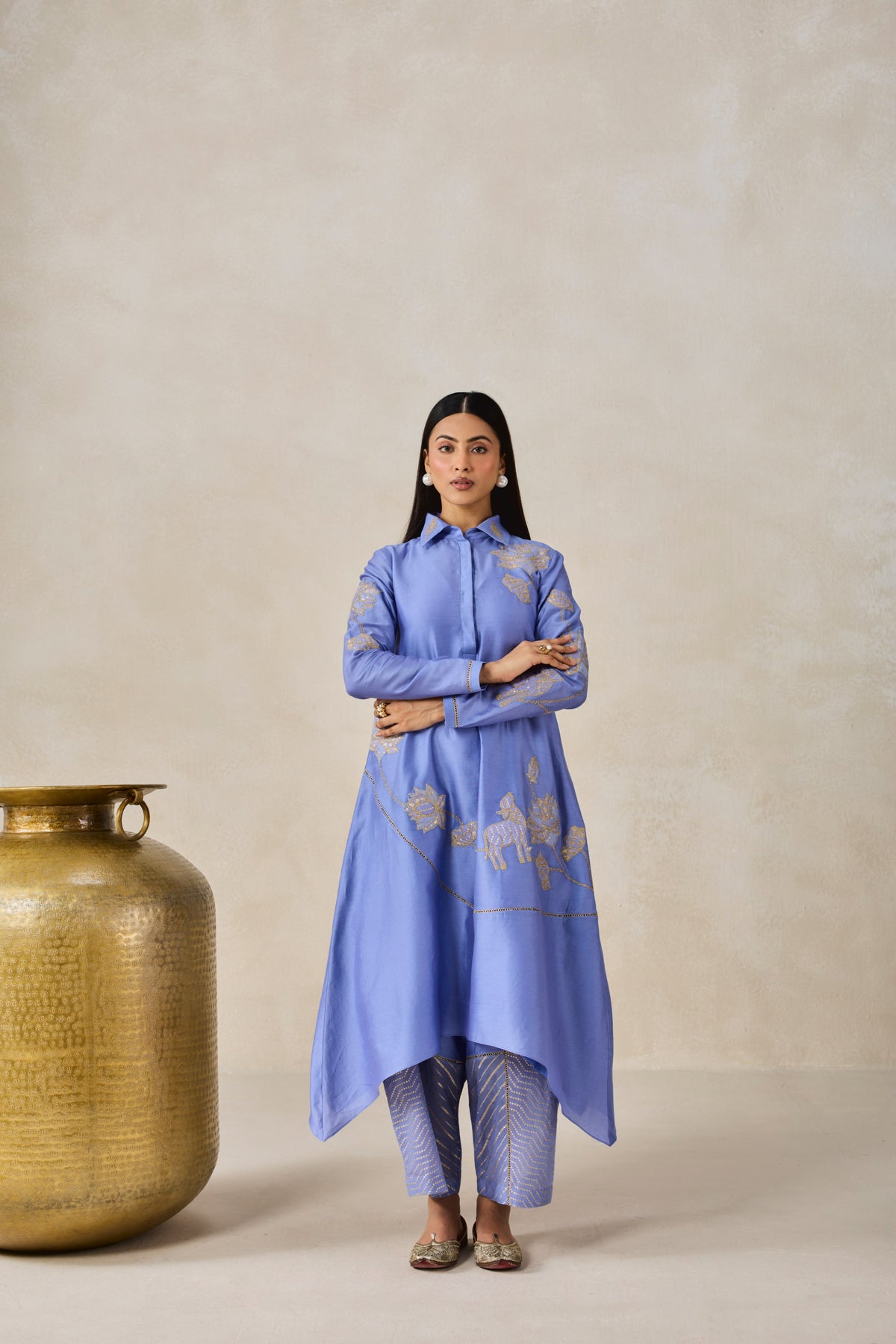 Chanderi Assymmetrical Kurta With Pant Set