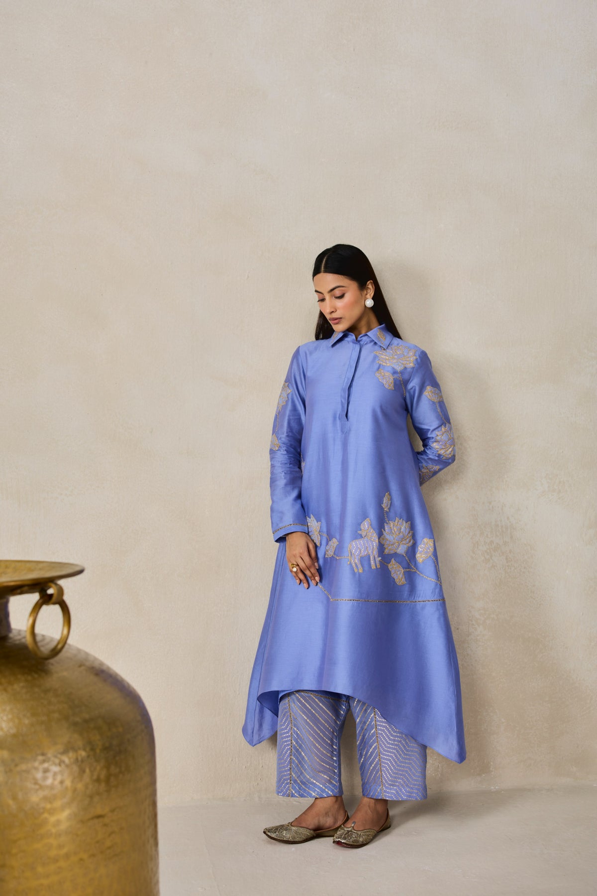 Chanderi Assymmetrical Kurta With Pant Set