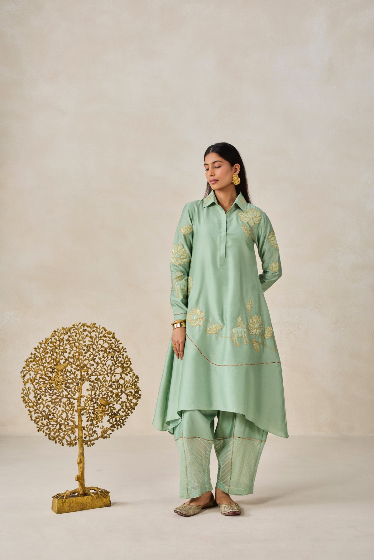 Chanderi Assymmetrical Kurta With Pant Set