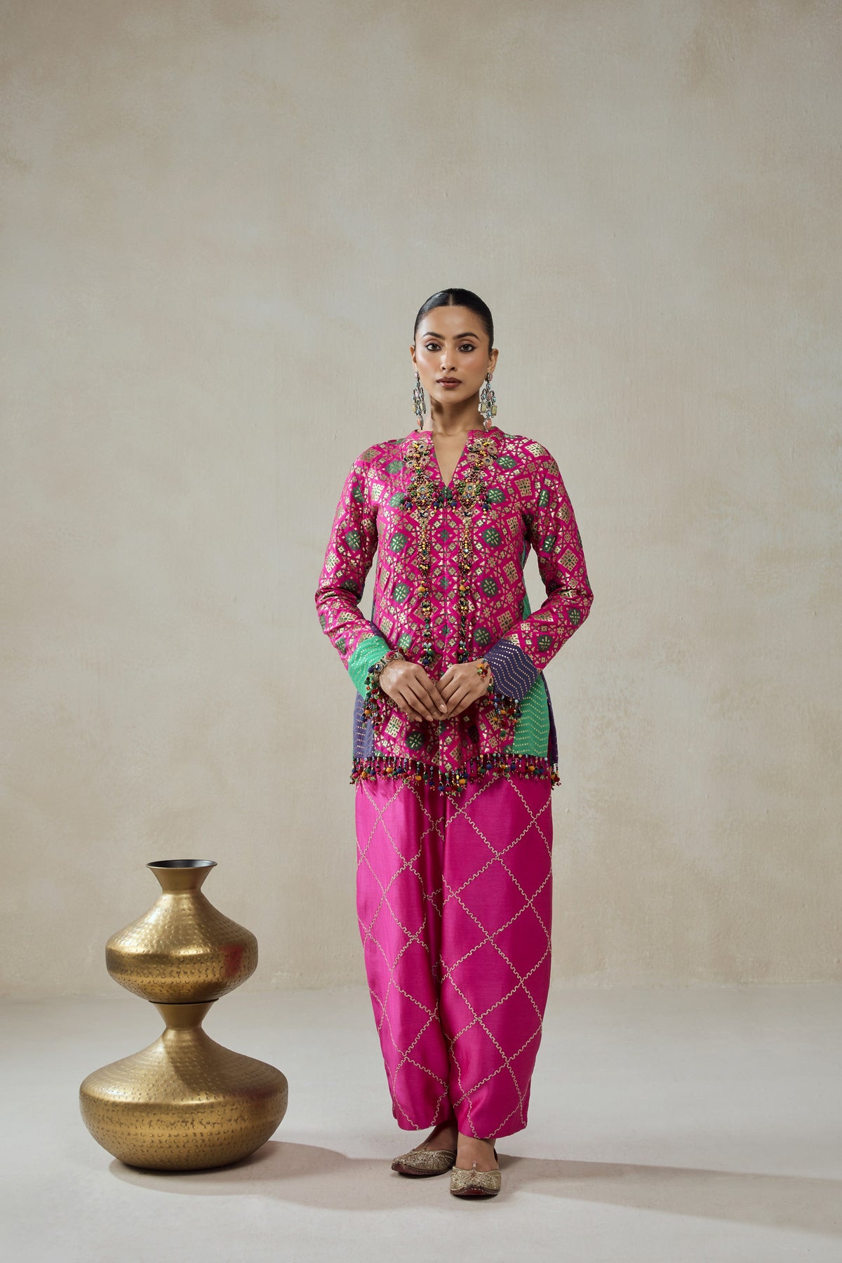 Fuchsia Patola Silk Short Jacket Worked Salwar