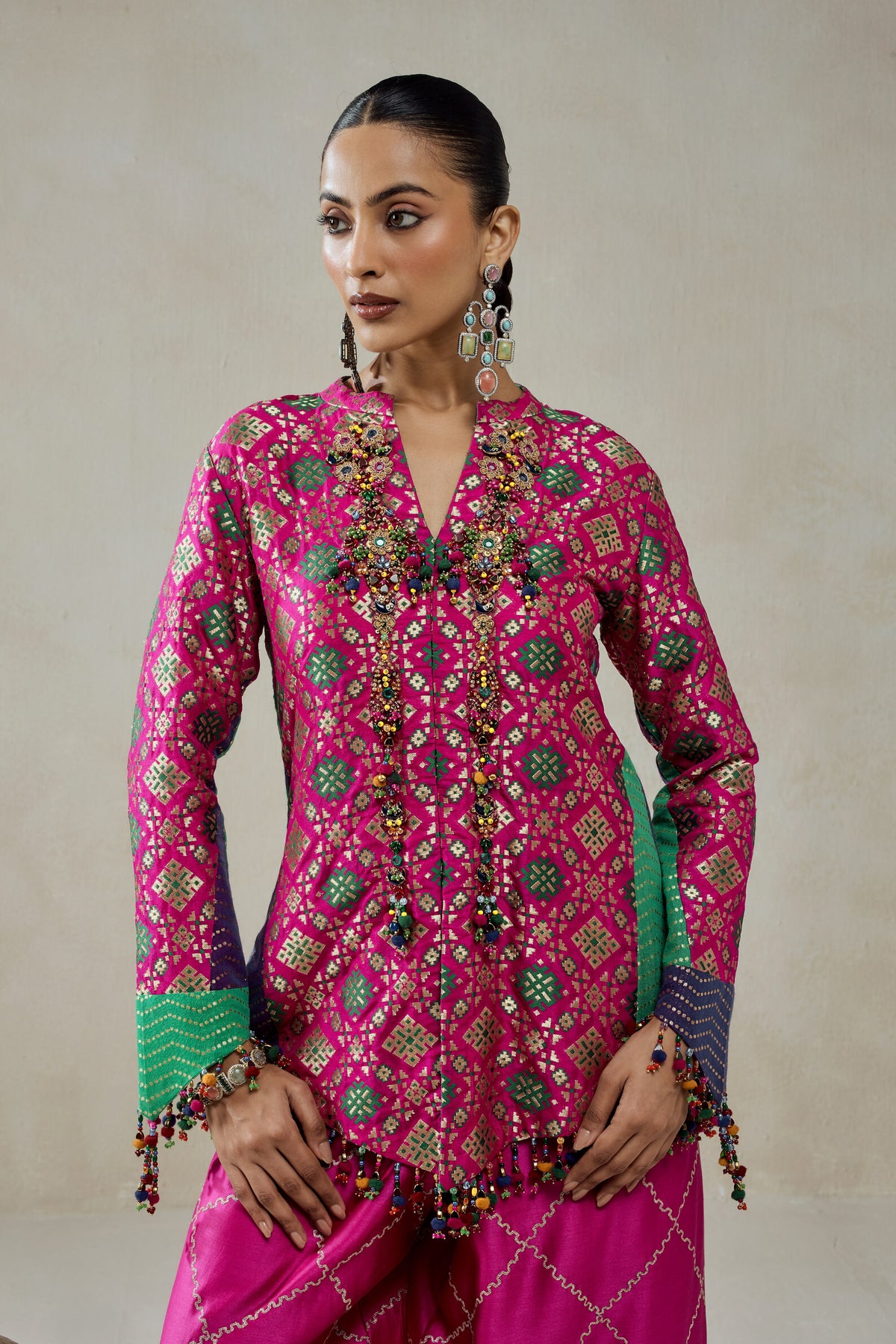 Fuchsia Patola Silk Short Jacket Worked Salwar