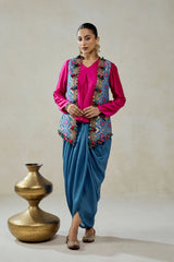 Royal Blue Patola Short Jacket With Dhoti Skirt Set