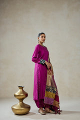 Wine Salwar Suit With Multicolour Brocade Dupatta Set