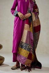 Wine Salwar Suit With Multicolour Brocade Dupatta Set