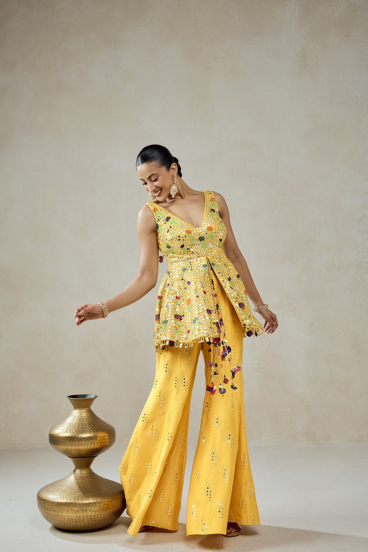 Yellow Sharara Trouser Peplum Set