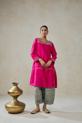 Fuchsia Embroidered Kurta With Aqua Patola Silk Salwar Set